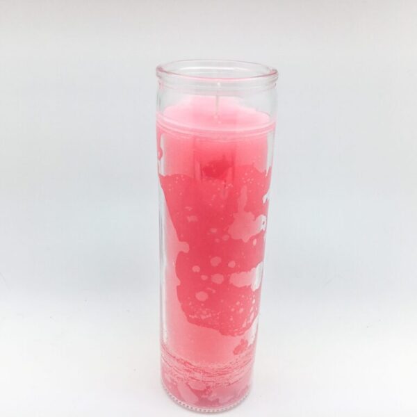 Pink 7 Day Candle - hand poured from our special mixture of paraffin waxes. Unscented and we hand center the wick.