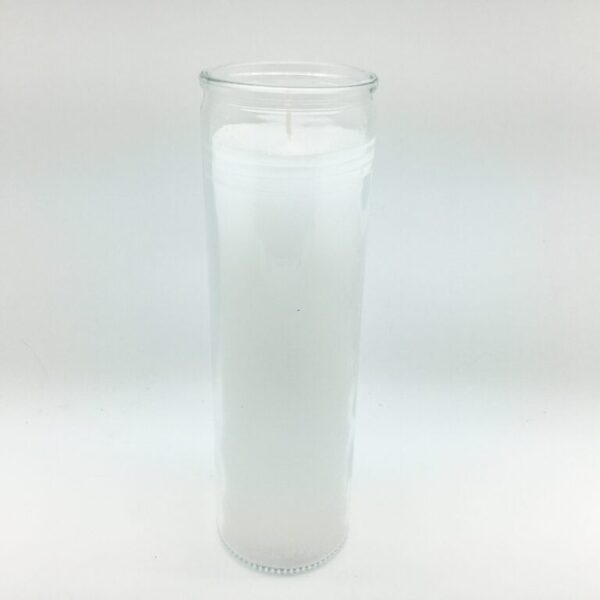 White 7 Day Candle - hand poured from our special mixture of paraffin waxes. Unscented and we hand center the wick.