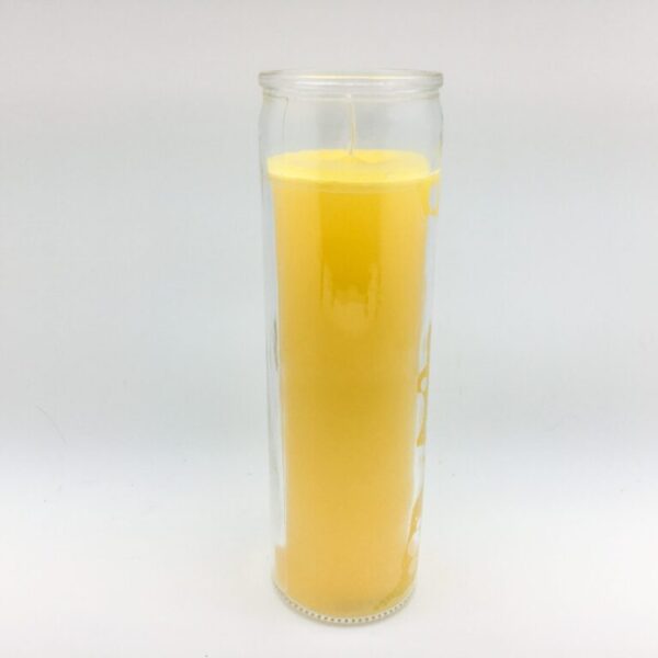 Yellow 7 Day Candle - hand poured from our special mixture of paraffin waxes. Unscented and we hand center the wick.