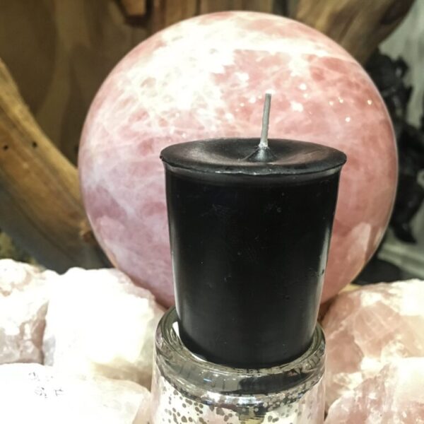 Black Votive Candle - hand poured from our special mixture of paraffin waxes. Unscented.